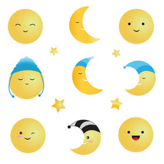 Cute smiling moon icon set