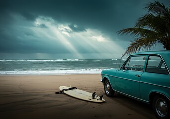 Retro Teal Car on Beach with Surfboard Under Dramatic Sky. Generative Ai