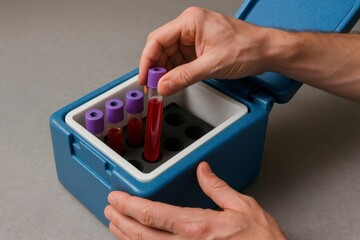 Close up of scientist storing blood samples in test tubes inside a portable refrigerator for transport and preservation