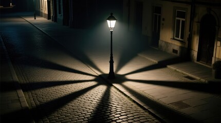 Night street scene, lamp post,  shadows