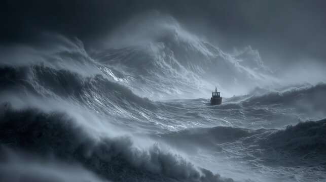 Une mer d&eacute;cha&icirc;n&eacute;e avec un petit navire au c&oelig;ur d'une temp&ecirc;te puissante au large des c&ocirc;tes