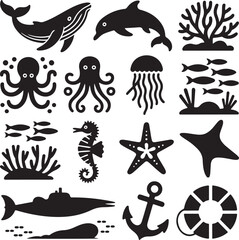 Fototapeta premium Assortment of black marine life and nautical icons whale dolphin
