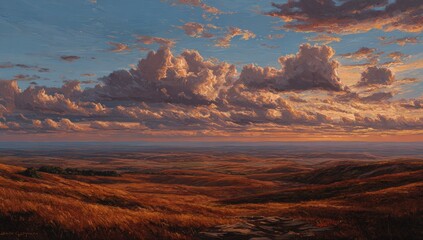Panoramic sunset vista over a golden plain