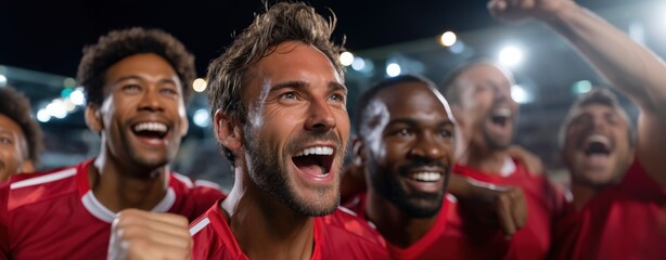 Group of athletes in red jerseys smiling and cheering with fists raised, stadium lights behind them. Concept of sport, competition, team spirit, tournament, game, success.