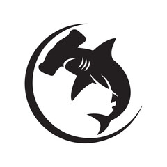 Monochromatic Hammerhead Shark and Human Profile in Circular Negative Space Logo