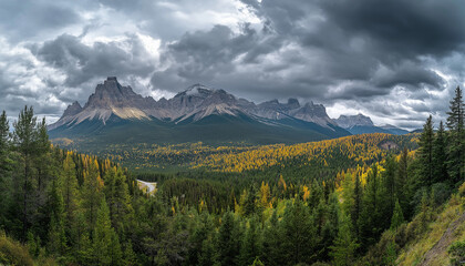 AI generator image of The most beautiful mountain landscape Autumn , Rockies, lake, trees 