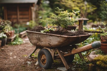 A wheelbarrow filled with soil rests near a shed,, wooden handles and rubber tire suggest reliability for hauling compost and mulch.