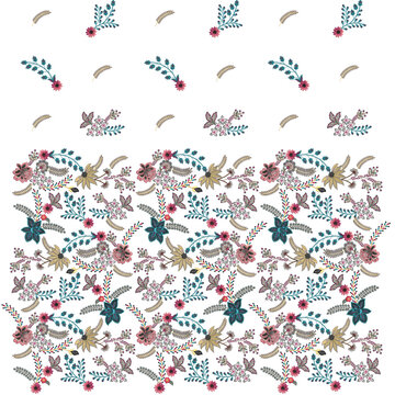Indian traditional artwork lace border embroidery Daman design illustrated Multi ethnic flowers and leafs leaves with trendy embroidered ornaments and motifs Bunches	