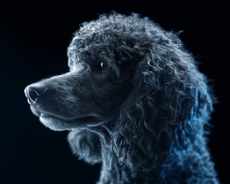 Studio portrait of Poodle with visible whiskers, emphasizing precision genetics and grooming. A striking close-up of a poodle showcasing its curly fur and expressive eyes in dramatic lighting.