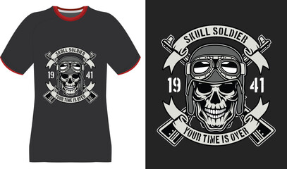 Skull Soldier T-Shirt Design with Vintage Aviator Helmet and Quote