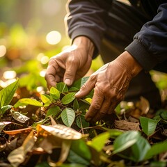 Close-up view of weathered hands gently tending to vibrant green foliage in a sunlit outdoor setting.