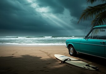 Retro Teal Car on Beach with Surfboard Under Dramatic Sky. Generative Ai