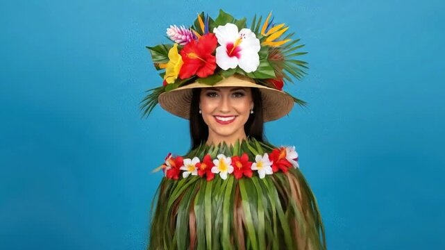 A beautiful smiling woman in a tropical straw hat adorned with vibrant flowers and a matching lei, celebrating island culture and natural beauty against a blue background.
