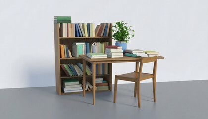 Bookshelf desk plant chair creates studious mood composition feels intellectually rich, place for creativity