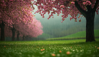 AI generator image of flower garden is blooming in the valley, beautiful scenery, pink flower garden, cherry blossoms are in full bloom but petals are falling because of the rain, on a rainy day