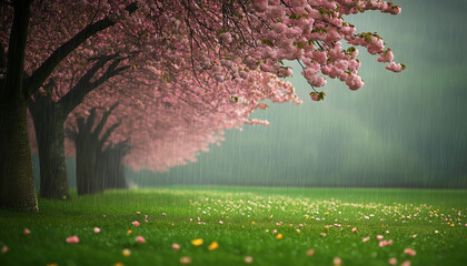 AI generator image of flower garden is blooming in the valley, beautiful scenery, pink flower garden, cherry blossoms are in full bloom but petals are falling because of the rain, on a rainy day