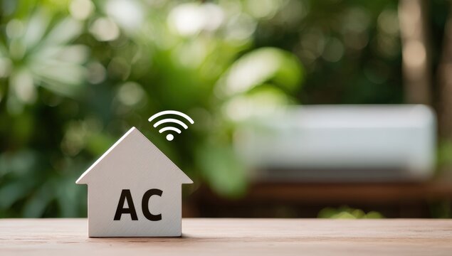 White house icon with AC and wifi symbol on wooden surface, blurred nature background