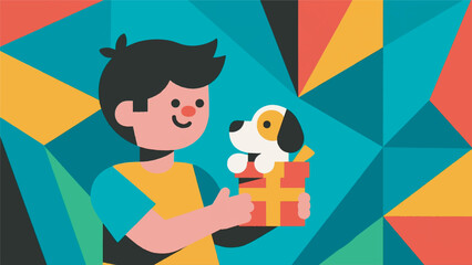Man Receiving a Gift Box with a Dog Geometric Style Vector Design Template