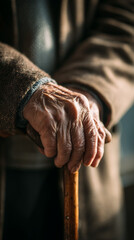 Mains rid&eacute;es tenant une canne artisanale dans un cadre int&eacute;rieur lumineux durant l'apr&egrave;s-midi