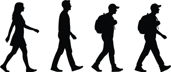 Silhouettes of People Walking Side View Including Man Woman Backpack Travelers for Lifestyle, Travel, Urban, and Human Movement Concepts