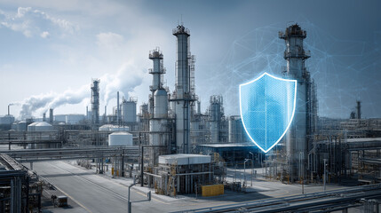 Industrial facilities are protected by a digital shield, symbolizing the protection of critical infrastructure and national security.