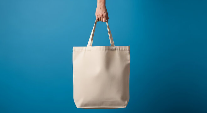 Hand holding a blank reusable tote bag against a vibrant blue background