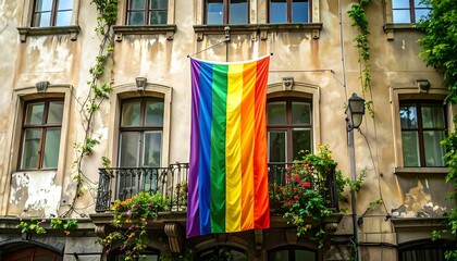 A vibrant rainbow pride flag hangs proudly from a balcony of an aged, weathered building, showcasing a display of inclusivity and acceptance.