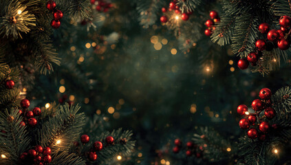 Christmas background with lush fir branches, bright red berries and twinkling lights, empty space for text in the middle, Christmas design