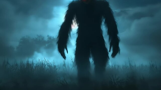 Misty night scene with a shadowy bigfoot figure under a full moon dramatic lighting