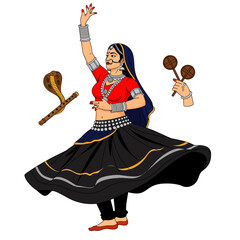 Kalbelia dancers (Rajasthan) vector illustration of a traditional folk dancer in ornate costume with a been and khanjari, from India's desert state