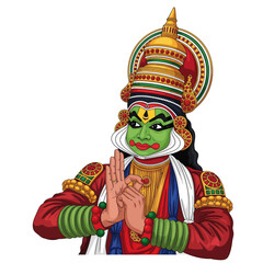 Kathakali mudras (hand gestures), an Indian classical dance form from Kerala, a character with traditional makeup and costume, a vector illustration of the dance