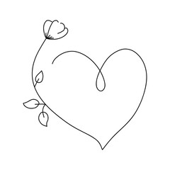 Heart with flower continuous line elegant frame, border, contour sketch hand drawn decoration, romantic line art. 