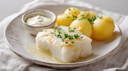 Traditional Scandinavian Lutefisk cod served with potatoes and cream sauce