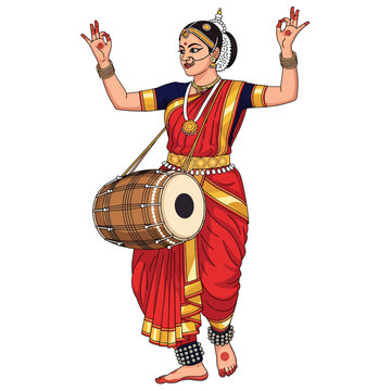 Vibrant Lavani dancer from Maharashtra, India, in a traditional red saree, performing with a dholak drum
