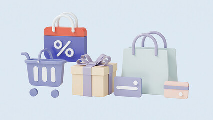 3D Illustration of Shopping Elements Including Bags, Cart, Gift Box, and Credit Card
