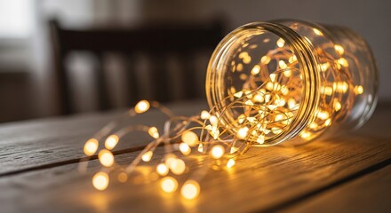 Cozy fairy lights spill from a glass mason jar on a wooden table. Perfect for Christmas decorations, rustic home decor, and creating a warm, inviting atmosphere.