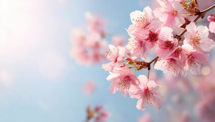Naklejka premium Delicate pink cherry blossoms against a soft blue sky