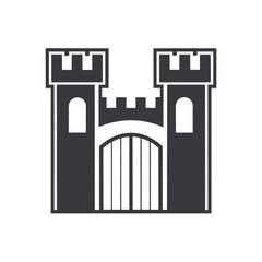 Dark grey castle icon with arched gate and battlements on white background fortress architecture