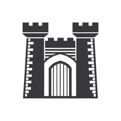 Obraz premium Dark grey castle tower gate with crenellations and arched entrance architecture medieval