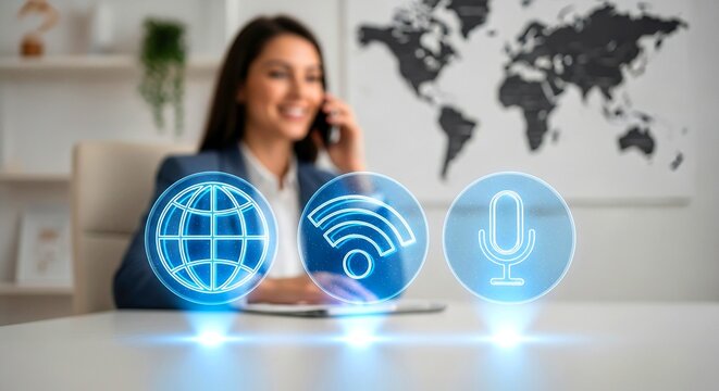 Professional woman on phone with digital communication icons