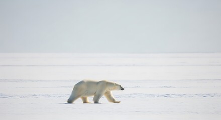 Naklejka premium A lone polar bear walks across a vast, snow-covered landscape under a pale sky.