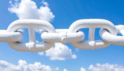 A close-up view of a section of a painted white metal chain against a bright blue sky dotted with fluffy white clouds.