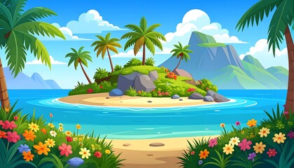 A vibrant tropical island paradise, showcasing lush greenery, colorful flowers, and serene blue waters.