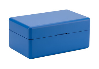 A glossy, vibrant blue storage box, sharply defined against a black background, features a clean, modern design with a simple latch.