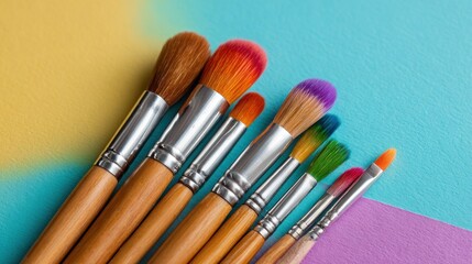 Fototapeta premium Colorful paintbrushes on teal background