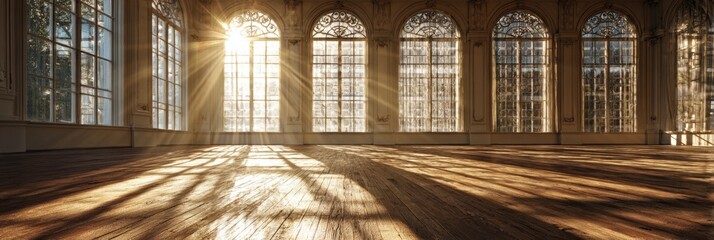 Sunlight streams through arched windows into an empty hall