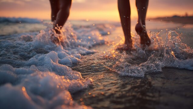 Bare feet running through water at sunset