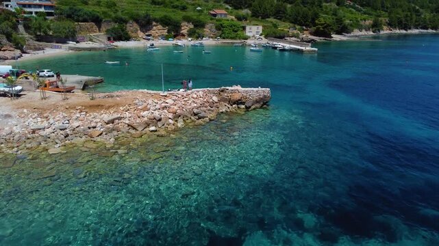 Zavala beach taken with my drone, showing the beautiful blue water and little fishing boats.
