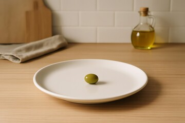 Green olive placed on a white plate on a wooden table in a modern kitchen, representing minimalist eating habits and portion control