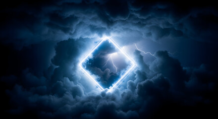 Dramatic lightning strikes illuminate a glowing neon square amidst dark, stormy clouds for an epic atmospheric effect.